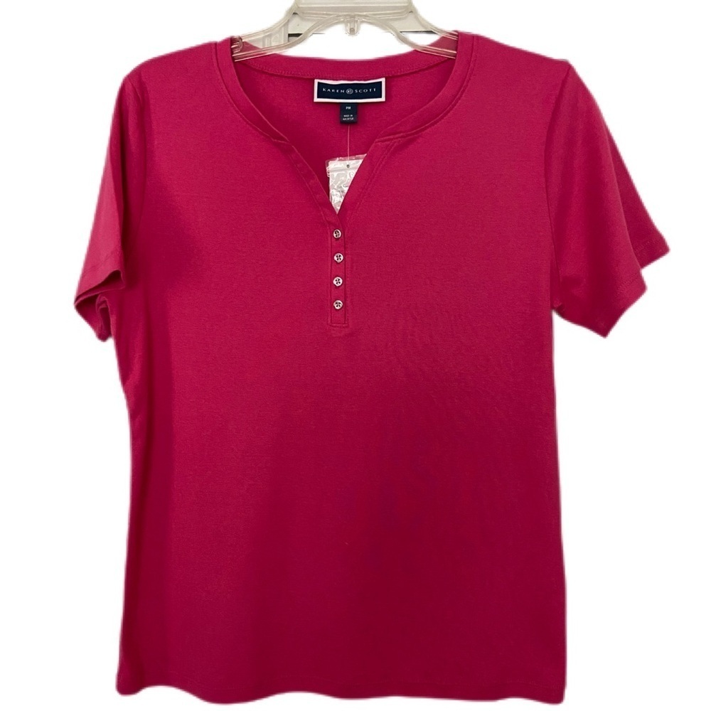 Karen Scott NWT Henley Short Sleeve Top Hot Pink Silver Buttons Size PM - Picture 2 of 12